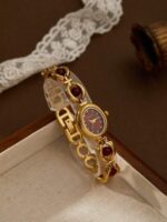1pc Women's Burgundy Garnet Vintage French Retro High-Quality Elegant Luxury Bracelet Watch, Suitable For Holiday Gifts