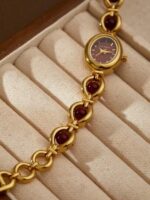1pc Women's Burgundy Garnet Vintage French Retro High-Quality Elegant Luxury Bracelet Watch, Suitable For Holiday Gifts - Image 6