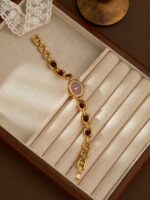 1pc Women's Burgundy Garnet Vintage French Retro High-Quality Elegant Luxury Bracelet Watch, Suitable For Holiday Gifts - Image 5