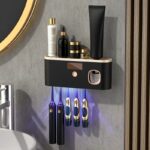 Sanitizer with Automatic Toothpaste Dispenser - Wall Mounted, 5 Slots Storage, Durable Plastic, USB Rechargeable Lithium Battery, Modern Bathroom Organizer & Home Decor, Bathroom Toothbrush Holder