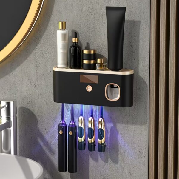 Sanitizer with Automatic Toothpaste Dispenser - Wall Mounted, 5 Slots Storage, Durable Plastic, USB Rechargeable Lithium Battery, Modern Bathroom Organizer & Home Decor, Bathroom Toothbrush Holder