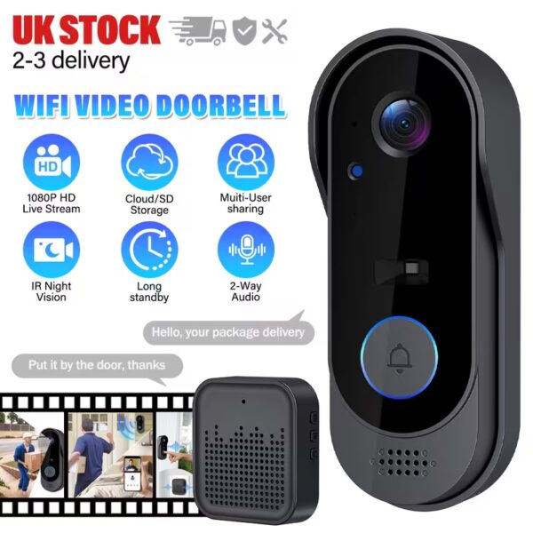 Wireless Wi-Fi Video Doorbell Camera Smart Home Security With Chime 2.4G WiFi Only Smart WIFI Video Doorbell Camera -Security Wireless Camera with Night Vision, Two-Way Audio, 3000mAh battery, Real-Time Notifications, Cloud Storage, widely Use, Modern Doorbell Design | Durable Build Quality, Commercial Security Solution For Factories, Apartments, Offices, Hotels
