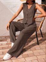 SHEIN Frenchy 2pcs Vacation Casual Solid Color Tank Top And Pants Set Brown Summer Holiday Resort - Image 6