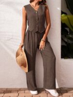 SHEIN Frenchy 2pcs Vacation Casual Solid Color Tank Top And Pants Set Brown Summer Holiday Resort - Image 5