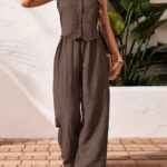 SHEIN Frenchy 2pcs Vacation Casual Solid Color Tank Top And Pants Set Brown Summer Holiday Resort