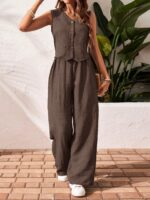 SHEIN Frenchy 2pcs Vacation Casual Solid Color Tank Top And Pants Set Brown Summer Holiday Resort