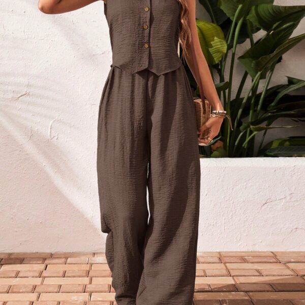 SHEIN Frenchy 2pcs Vacation Casual Solid Color Tank Top And Pants Set Brown Summer Holiday Resort