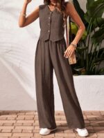 SHEIN Frenchy 2pcs Vacation Casual Solid Color Tank Top And Pants Set Brown Summer Holiday Resort - Image 4