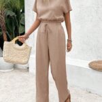 SHEIN Frenchy 2pcs/Set Women Vacation Casual Solid Color Batwing Sleeve Top And Long Pants Set,Summer Sets Brown Holiday Resort