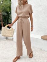 SHEIN Frenchy 2pcs/Set Women Vacation Casual Solid Color Batwing Sleeve Top And Long Pants Set,Summer Sets Brown Holiday Resort