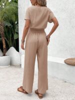 SHEIN Frenchy 2pcs/Set Women Vacation Casual Solid Color Batwing Sleeve Top And Long Pants Set,Summer Sets Brown Holiday Resort - Image 4