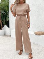 SHEIN Frenchy 2pcs/Set Women Vacation Casual Solid Color Batwing Sleeve Top And Long Pants Set,Summer Sets Brown Holiday Resort - Image 3