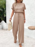 SHEIN Frenchy 2pcs/Set Women Vacation Casual Solid Color Batwing Sleeve Top And Long Pants Set,Summer Sets Brown Holiday Resort - Image 2