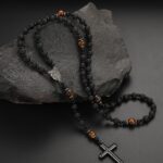 1pc Vintage Style Black Beaded Volcanic Rock & Tigers Eye Stone Alloy Cross Pendant Necklace, Suitable For Men's Daily Wear
