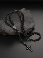 1pc Vintage Style Black Beaded Volcanic Rock & Tigers Eye Stone Alloy Cross Pendant Necklace, Suitable For Men's Daily Wear