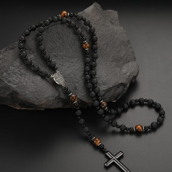 1pc Vintage Style Black Beaded Volcanic Rock & Tigers Eye Stone Alloy Cross Pendant Necklace, Suitable For Men's Daily Wear