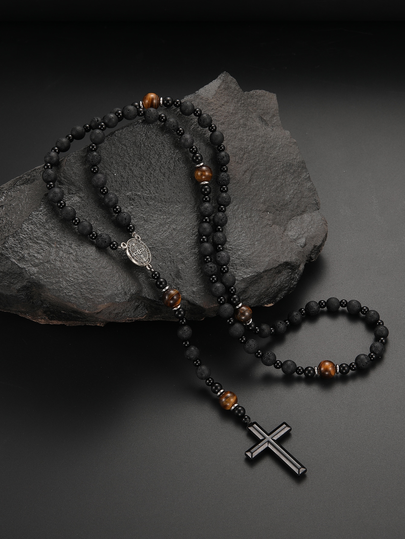 http___img.ltwebstatic.com_images3_spmp_2023_08_01_169082736474f7e8cd8e2b0cf5c659b6f05b98a568 1pc Vintage Style Black Beaded Volcanic Rock & Tigers Eye Stone Alloy Cross Pendant Necklace, Suitable For Men's Daily Wear - Image 1