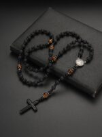 1pc Vintage Style Black Beaded Volcanic Rock & Tigers Eye Stone Alloy Cross Pendant Necklace, Suitable For Men's Daily Wear - Image 2