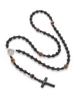 1pc Vintage Style Black Beaded Volcanic Rock & Tigers Eye Stone Alloy Cross Pendant Necklace, Suitable For Men's Daily Wear - Image 3