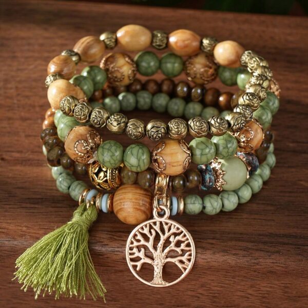 4pcs/Set Boho Multilayer Wooden & Glass Beaded Bracelets With Tassel, Life Tree & Butterfly Pendants, Suitable For Everyday Wear