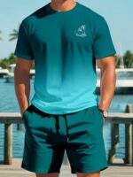 Manfinity RSRT Men's Palm Tree Print Round Neck Short Sleeve Casual T-Shirt And Drawstring Waist Shorts Set Men Vacation Clothes, Cozy Outfits