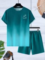 Manfinity RSRT Men's Palm Tree Print Round Neck Short Sleeve Casual T-Shirt And Drawstring Waist Shorts Set Men Vacation Clothes, Cozy Outfits - Image 3