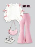 SHEIN Elladie kids 2pcs/Set Girls' Sweet & Cool 3D Bow Decor White Top + Black Flare Pants Outfit, Black Top With Multiple Pink Bows, Fashionable Fuchsia Flare Pants, Sweet & Stylish Vibe Suitable For Back To School, Outings, Street Style - Image 5