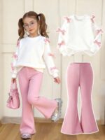SHEIN Elladie kids 2pcs/Set Girls' Sweet & Cool 3D Bow Decor White Top + Black Flare Pants Outfit, Black Top With Multiple Pink Bows, Fashionable Fuchsia Flare Pants, Sweet & Stylish Vibe Suitable For Back To School, Outings, Street Style