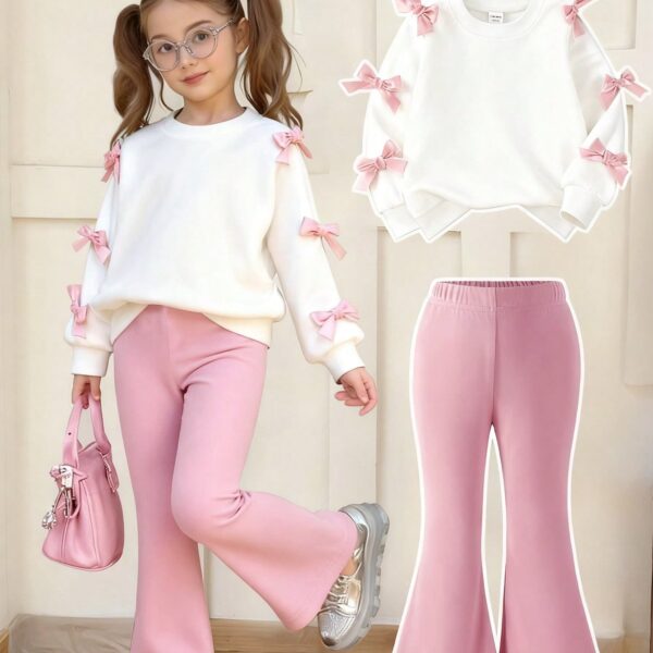 SHEIN Elladie kids 2pcs/Set Girls' Sweet & Cool 3D Bow Decor White Top + Black Flare Pants Outfit, Black Top With Multiple Pink Bows, Fashionable Fuchsia Flare Pants, Sweet & Stylish Vibe Suitable For Back To School, Outings, Street Style