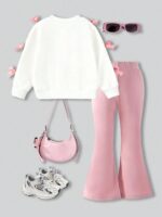 SHEIN Elladie kids 2pcs/Set Girls' Sweet & Cool 3D Bow Decor White Top + Black Flare Pants Outfit, Black Top With Multiple Pink Bows, Fashionable Fuchsia Flare Pants, Sweet & Stylish Vibe Suitable For Back To School, Outings, Street Style - Image 7