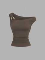 Sweetra 2pcs/Set Asymmetric Collar Fitted T-Shirt, Versatile Casual Top, Spring/Summer - Image 3