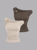 Sweetra 2pcs/Set Asymmetric Collar Fitted T-Shirt, Versatile Casual Top, Spring/Summer