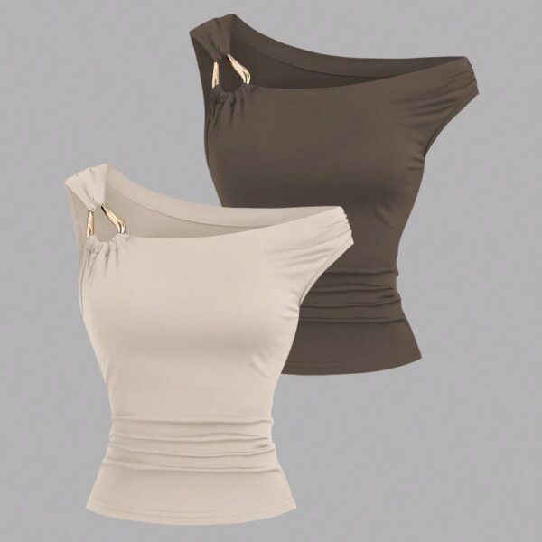 Sweetra 2pcs/Set Asymmetric Collar Fitted T-Shirt, Versatile Casual Top, Spring/Summer