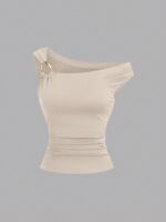 Sweetra 2pcs/Set Asymmetric Collar Fitted T-Shirt, Versatile Casual Top, Spring/Summer - Image 2