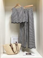 SHEIN Frenchy Women's Plaid Print Round Neck Tank Top And Elastic Waist Pants 2 Pieces Set,Lace Trim Suit, Contrasting Trim Design Suit,Black And White Checkered Suit,Non-Stretch Crepe Fabric,Casual Trouser Suit,Summer Outfits For Women,Summer Clothes,Women's Summer Set ,Elegant And Intellectual Dressing,Pring Outfit Women,Casual, Minimalist, Commute ,Retro French Stylebeach Set,Summer Holiday Outfits,Vacation Outfits For Women Resort - Image 2