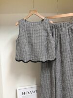 SHEIN Frenchy Women's Plaid Print Round Neck Tank Top And Elastic Waist Pants 2 Pieces Set,Lace Trim Suit, Contrasting Trim Design Suit,Black And White Checkered Suit,Non-Stretch Crepe Fabric,Casual Trouser Suit,Summer Outfits For Women,Summer Clothes,Women's Summer Set ,Elegant And Intellectual Dressing,Pring Outfit Women,Casual, Minimalist, Commute ,Retro French Stylebeach Set,Summer Holiday Outfits,Vacation Outfits For Women Resort - Image 7