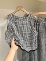 SHEIN Frenchy Women's Plaid Print Round Neck Tank Top And Elastic Waist Pants 2 Pieces Set,Lace Trim Suit, Contrasting Trim Design Suit,Black And White Checkered Suit,Non-Stretch Crepe Fabric,Casual Trouser Suit,Summer Outfits For Women,Summer Clothes,Women's Summer Set ,Elegant And Intellectual Dressing,Pring Outfit Women,Casual, Minimalist, Commute ,Retro French Stylebeach Set,Summer Holiday Outfits,Vacation Outfits For Women Resort - Image 3