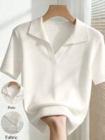 Franclia Women's Spring/Summer White Simple Everyday Collared Short-Sleeved Casual Slim Fit Knit Top, Suitable For Daily Wear, Summer Holiday, Spring, Elegant