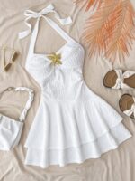 SHEIN Teen Girls Jacquard Knit Sleeveless Bodycon Dress White Teen Outfit White Vacation Dress White Dress Summer White Summer Outfits For Girls Girl White Dress For Beach