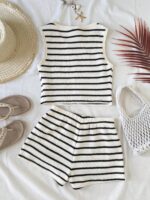SHEIN Tween Girls' Brown & White Striped Knit Textured Sleeveless Crop Top And Loose Shorts 2-Piece Vacation Casual Outfit, Spring/Summer - Image 4