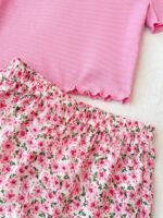 Tween Girls Ditsy Floral T-Shirt & Shorts Co-Ord Set, Casual Vacation Round Neck Short Sleeve Ribbed Knit Top And Patterned Shorts, Suitable For Daily Wear And Beach Holiday Cute Short Sets Pink Outfit For Girls Summer Summer Sets For Girl Spring Set For Girls Pink Teen Girl Clothes 2 Pc Set Summer Outfits For Girls Cute Girl Outfit Spring Outfits For Girls Girl Outfit Sets Summer - Image 5