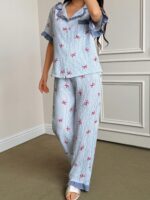 Napfluff Blue Striped Bow Print Patchwork Contrast Color Lapel Short Sleeve Pajama Set For Women Cute Pjs For Women Button Up Pajamas Women - Image 4