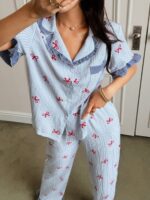 Napfluff Blue Striped Bow Print Patchwork Contrast Color Lapel Short Sleeve Pajama Set For Women Cute Pjs For Women Button Up Pajamas Women - Image 2