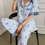 Napfluff Blue Striped Bow Print Patchwork Contrast Color Lapel Short Sleeve Pajama Set For Women Cute Pjs For Women Button Up Pajamas Women