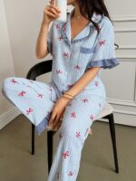 Napfluff Blue Striped Bow Print Patchwork Contrast Color Lapel Short Sleeve Pajama Set For Women Cute Pjs For Women Button Up Pajamas Women