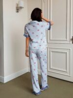 Napfluff Blue Striped Bow Print Patchwork Contrast Color Lapel Short Sleeve Pajama Set For Women Cute Pjs For Women Button Up Pajamas Women - Image 5