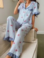 Napfluff Blue Striped Bow Print Patchwork Contrast Color Lapel Short Sleeve Pajama Set For Women Cute Pjs For Women Button Up Pajamas Women - Image 3