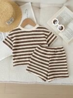 SHEIN LMoss Kids LMoss Baby Girl Summer Casual Striped Floral Decor Short Sleeve T-Shirt And Shorts Set Brown Baby Set Baby Summer Set Baby Girl Brown Set Brown Striped Outfit Baby Summer Outfits Baby Short Sets Flower 2 Pieces Set Summer Clothes Sets Matching Striped Set - Image 2