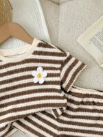 SHEIN LMoss Kids LMoss Baby Girl Summer Casual Striped Floral Decor Short Sleeve T-Shirt And Shorts Set Brown Baby Set Baby Summer Set Baby Girl Brown Set Brown Striped Outfit Baby Summer Outfits Baby Short Sets Flower 2 Pieces Set Summer Clothes Sets Matching Striped Set - Image 5