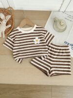 SHEIN LMoss Kids LMoss Baby Girl Summer Casual Striped Floral Decor Short Sleeve T-Shirt And Shorts Set Brown Baby Set Baby Summer Set Baby Girl Brown Set Brown Striped Outfit Baby Summer Outfits Baby Short Sets Flower 2 Pieces Set Summer Clothes Sets Matching Striped Set - Image 4